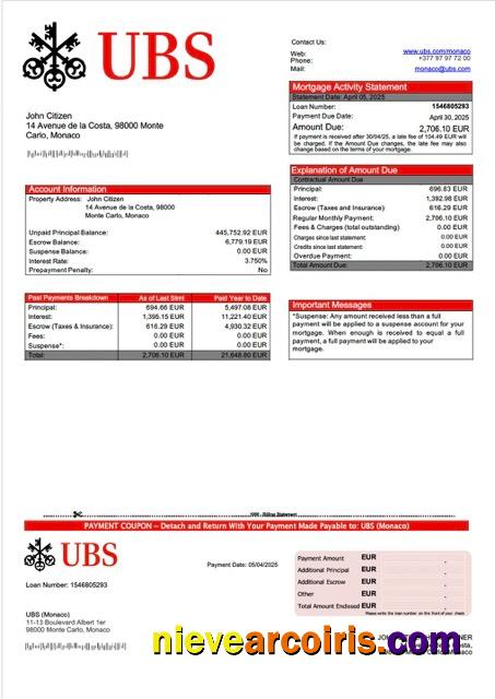Monaco UBS (Monaco) mortgage statement Word and PDF template